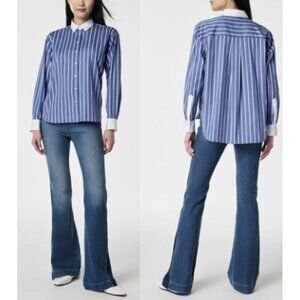 Spanx Top Womens 2X Postal Blue Striped Cotton Poplin Oversized Button Up Preppy